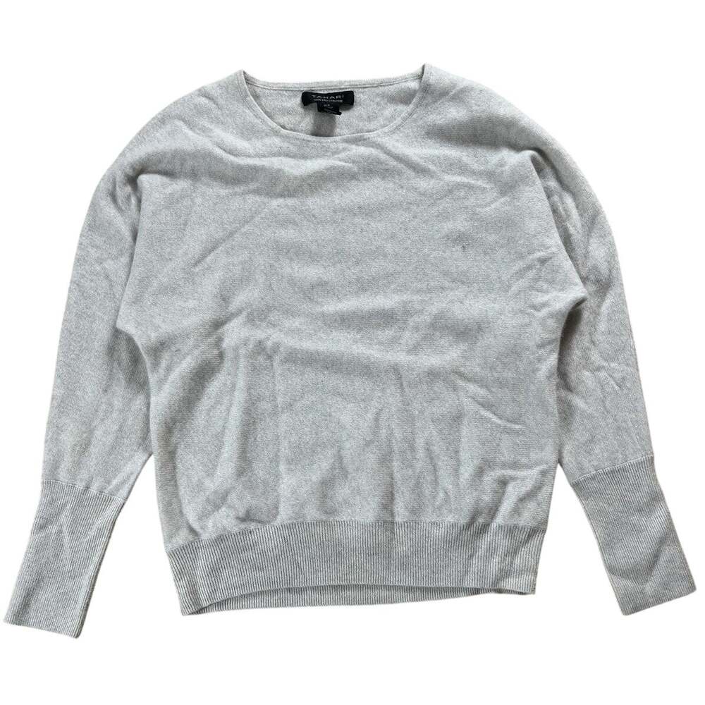 Tahari T-Shirt Womens M Gray Crew Neck Long Sleeve 100% Cashmere Knit Pullover
